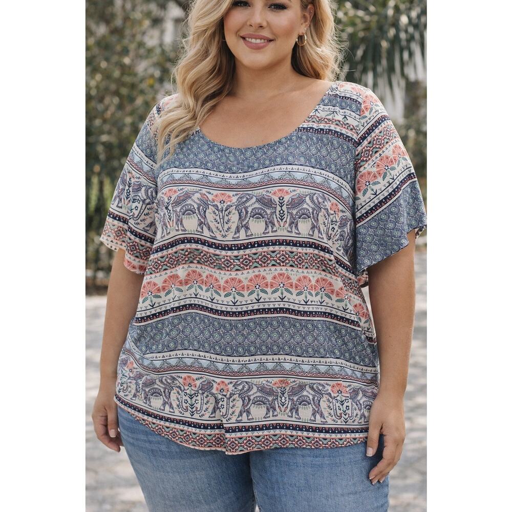 Torrid Plus Size Abbey Georgette Button‎ Back Flowy Blouse Elephant Print Size 3